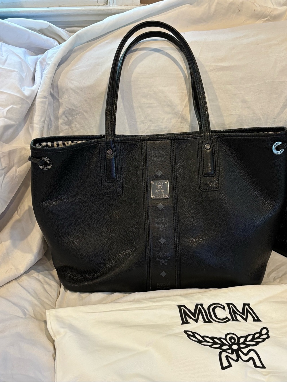 MCM Rare Solid Black Leather Large Shopper Tote & Original Dust Bag